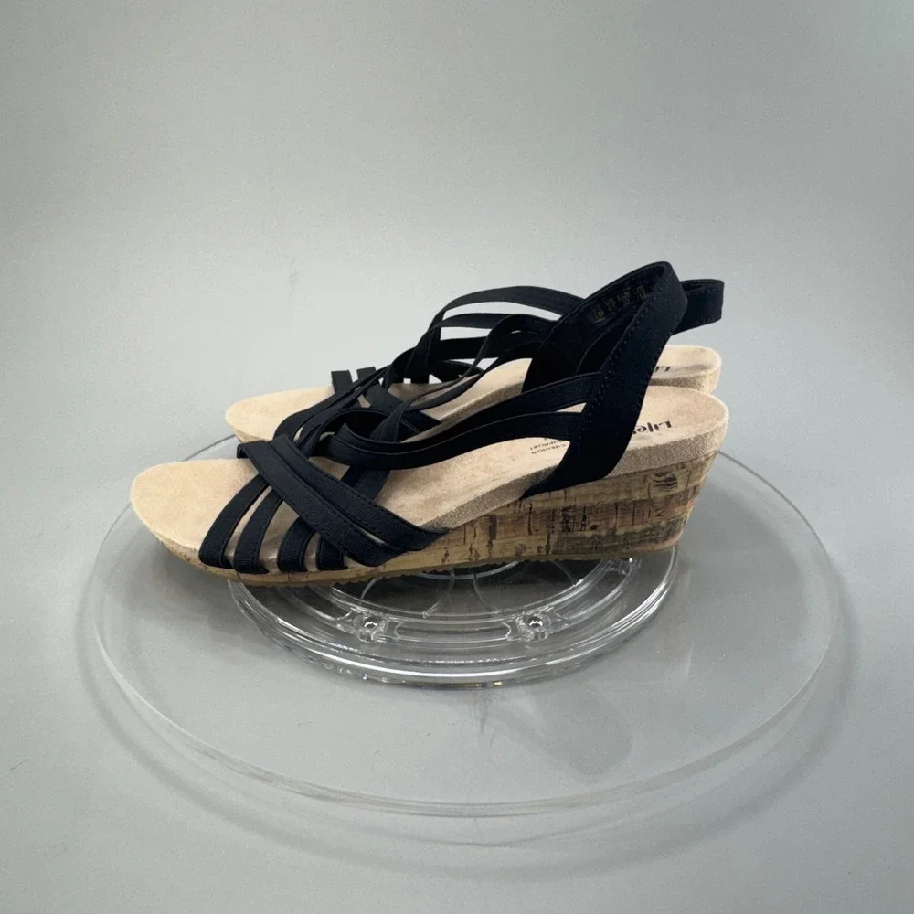 LifeStride Mallory Wedge Sandals 7M Black Strappy Cork Comfort Summer Shoes